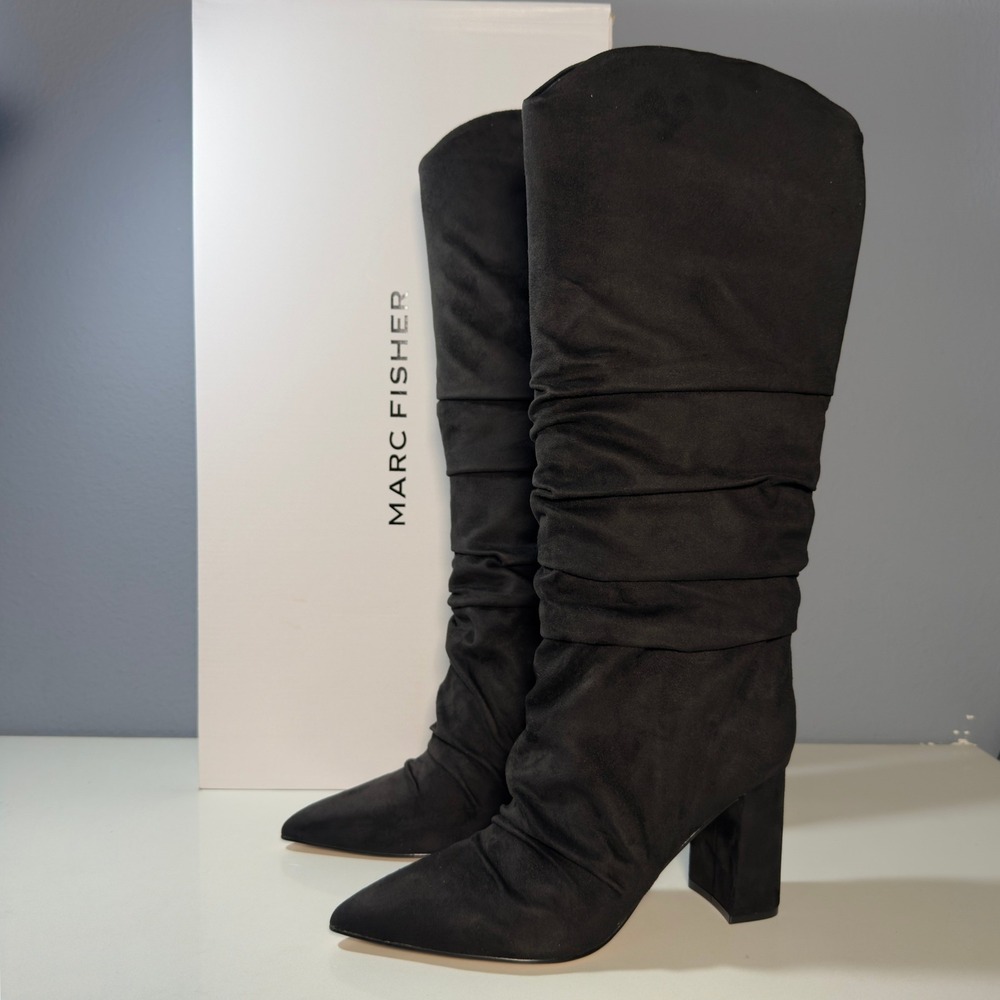 Marc Fisher Fadora Boots Women 7 Black New Slouchy Pointed Block Heel Modern